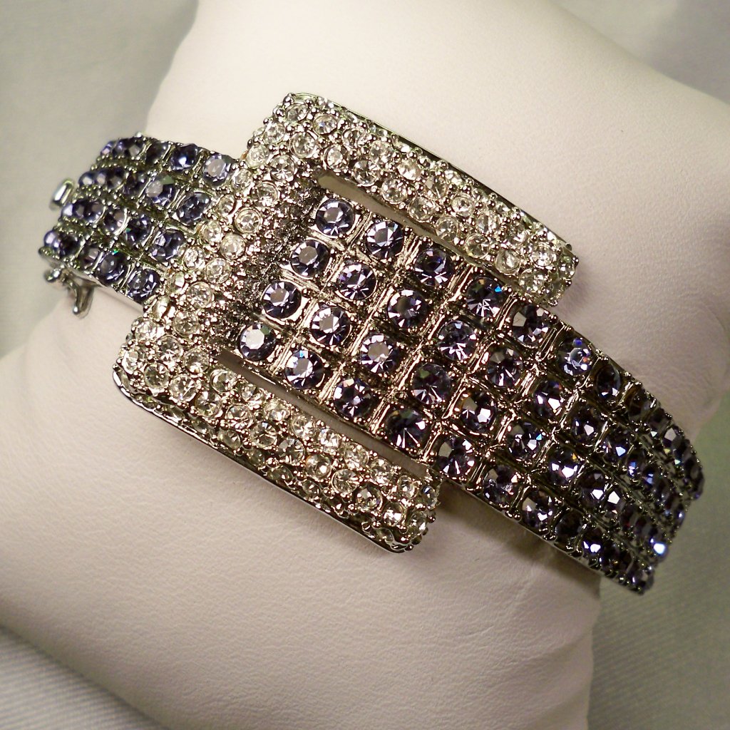 New R C By Adrienne Dark Purple Crystals Buckle Silver Cuff Vintage Bracelet